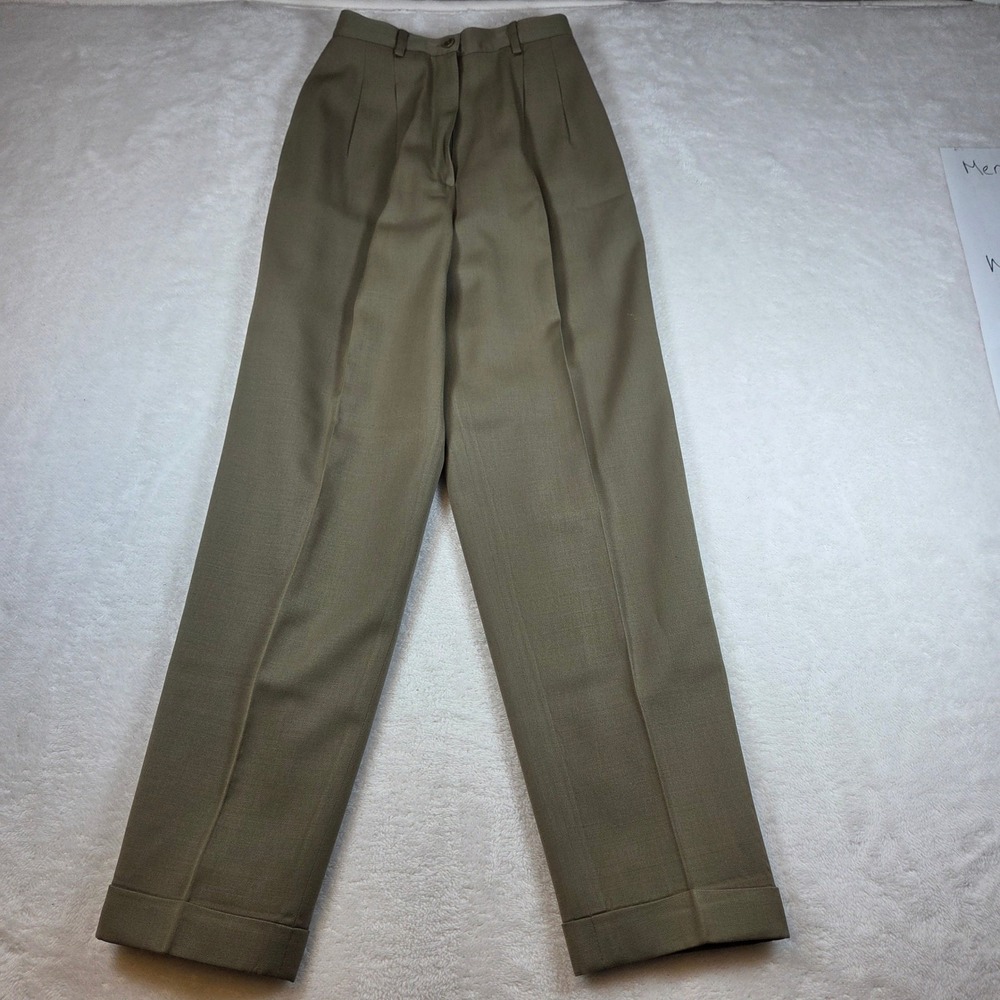 Preview Collection Wool Dress Pants W-SZ 2 Olive Taupe Pleated Cuffed High Rise